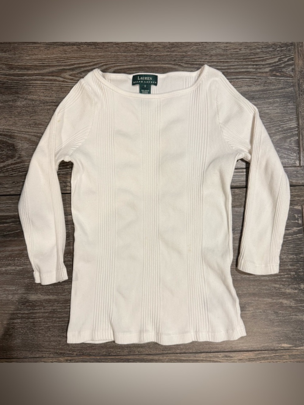 Ralph Lauren White Ribbed Boat Neck Long Sleeve Shirt Sz(S)